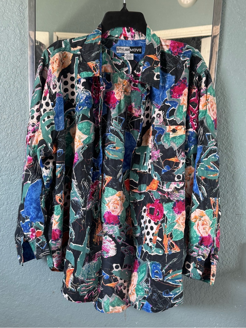 Y2K Oversized 100% Silk Abstract Print Button-Up Shirt Size L
